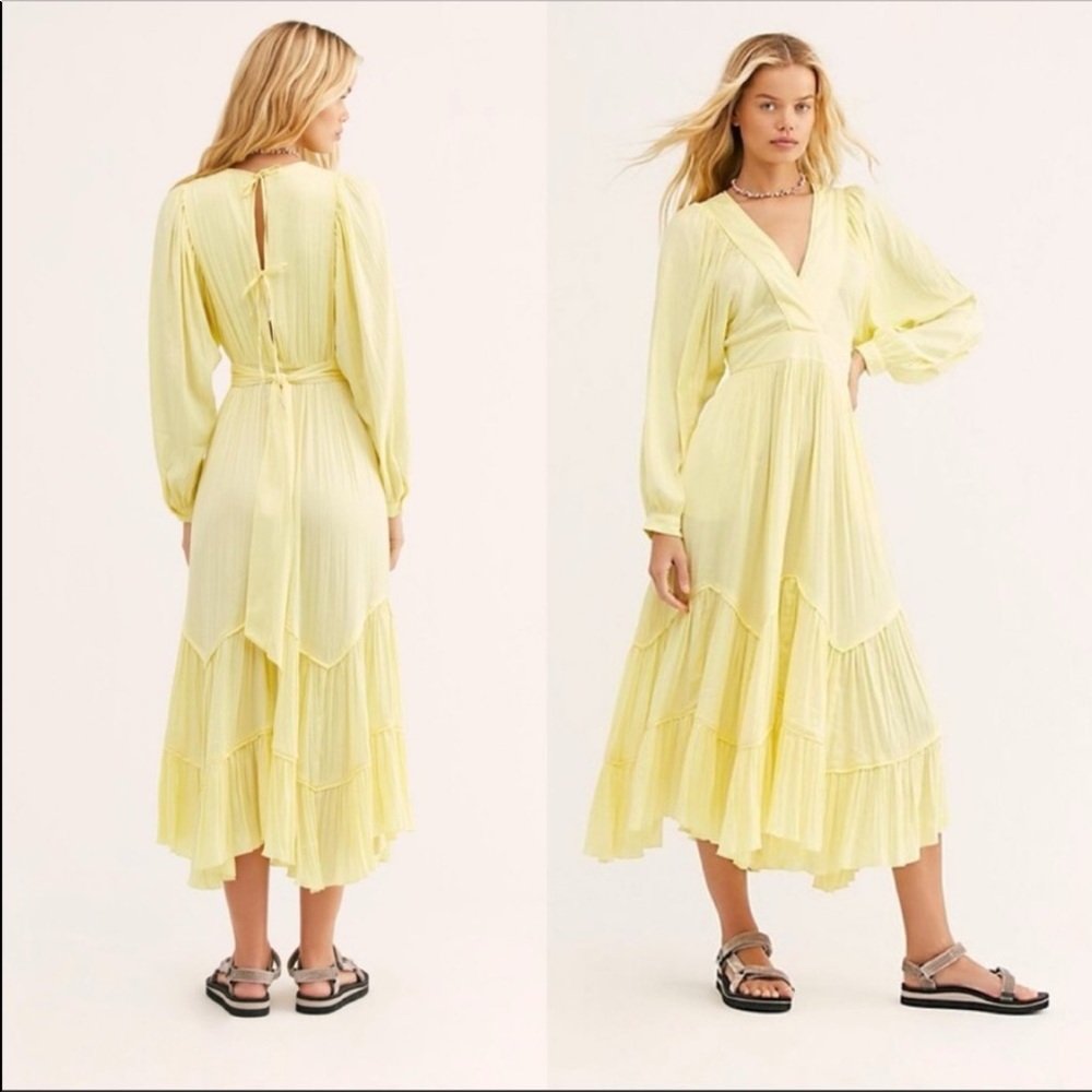 Free People v- neckline I Need To Know Boho Shiny Maxi Dress Yellow Size small
